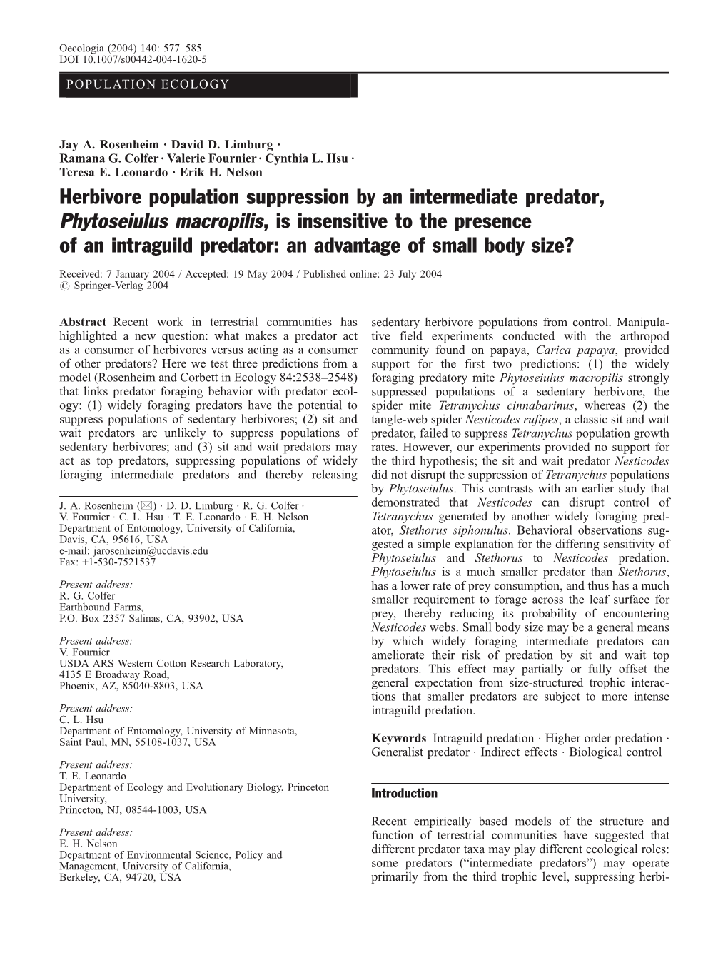 Herbivore Population Suppression by an Intermediate Predator