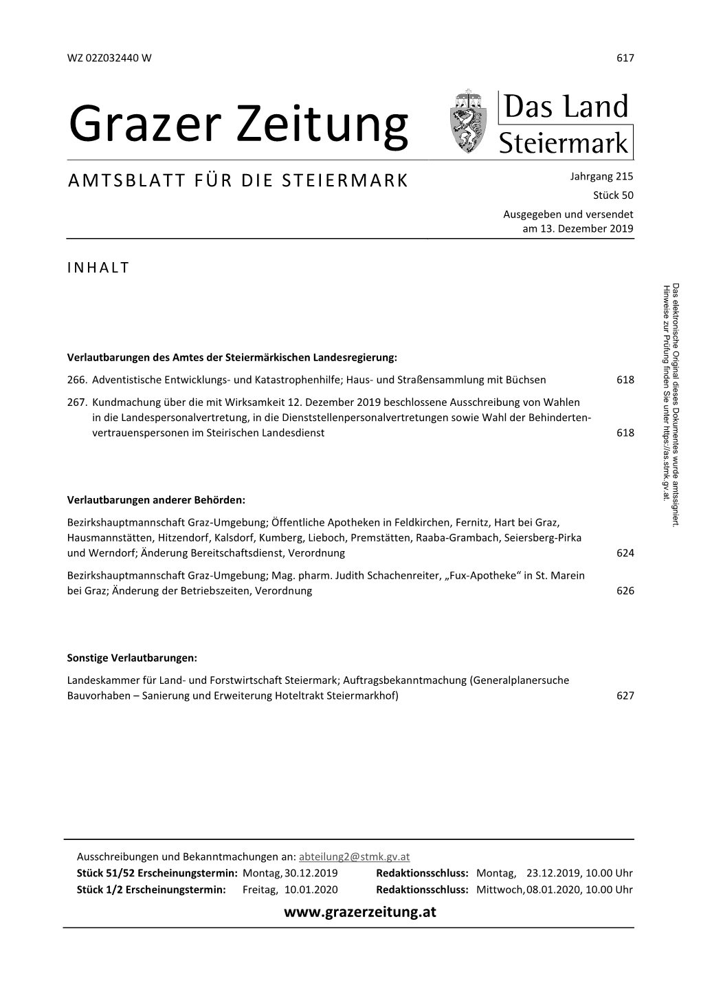 Grazer Zeitung AMTSBLATT FÜR DIE STEIERMARK Jahrgang 215 Stück 50 Ausgegeben Und Versendet Am 13