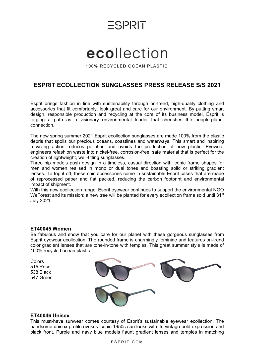 Esprit Ecollection Sunglasses Press Release 2021