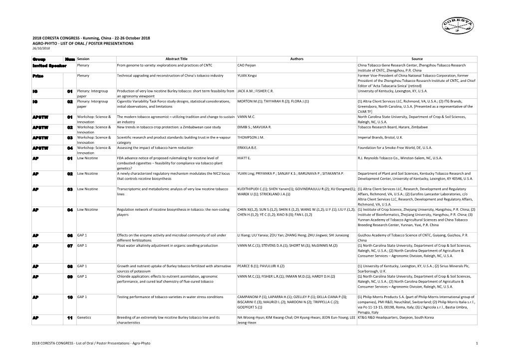 Kunming, China - 22-26 October 2018 AGRO-PHYTO - LIST of ORAL / POSTER PRESENTATIONS 26/10/2018