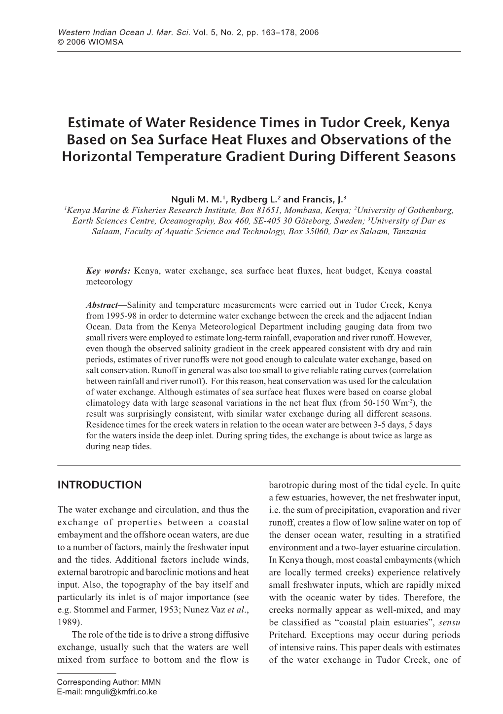 Estimate of Water Residence Times in Tudor Creek, Kenya Based on Sea