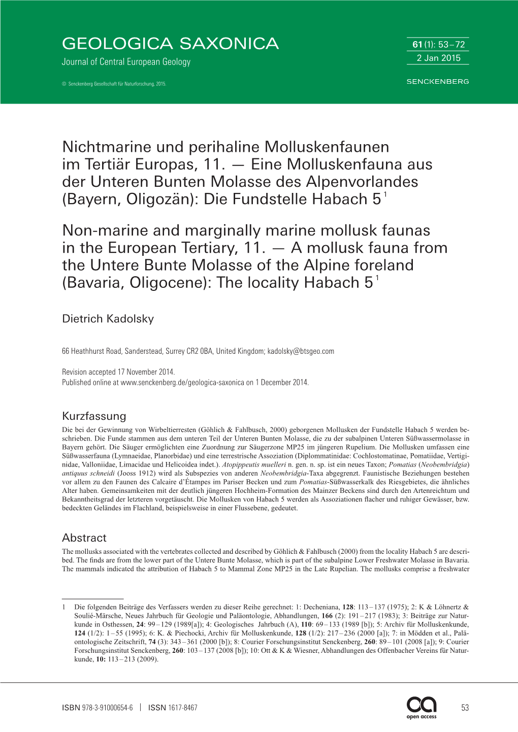 Nichtmarine Und Perihaline Molluskenfaunen Im Tertiär Europas, 11