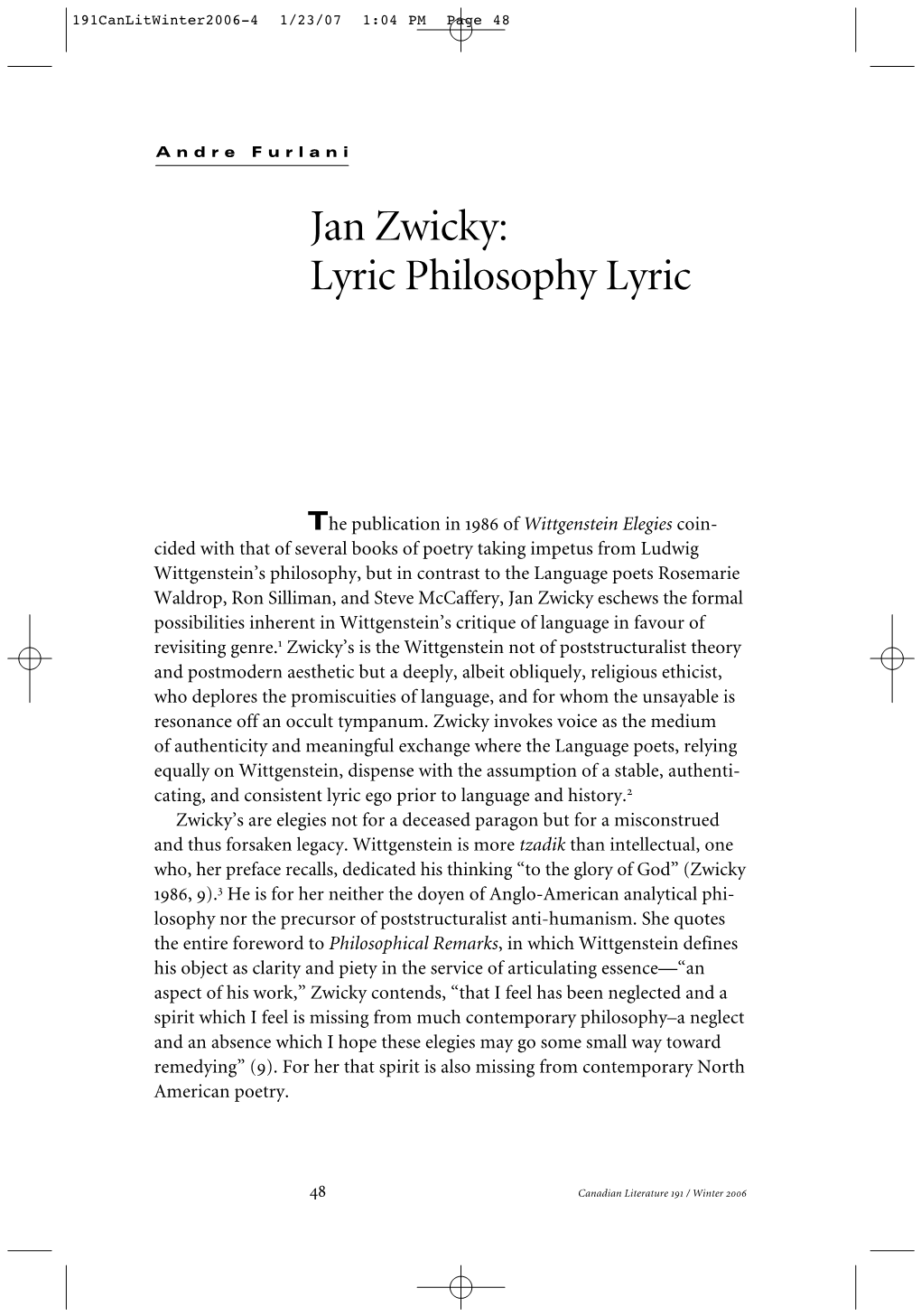Jan Zwicky: Lyric Philosophy Lyric