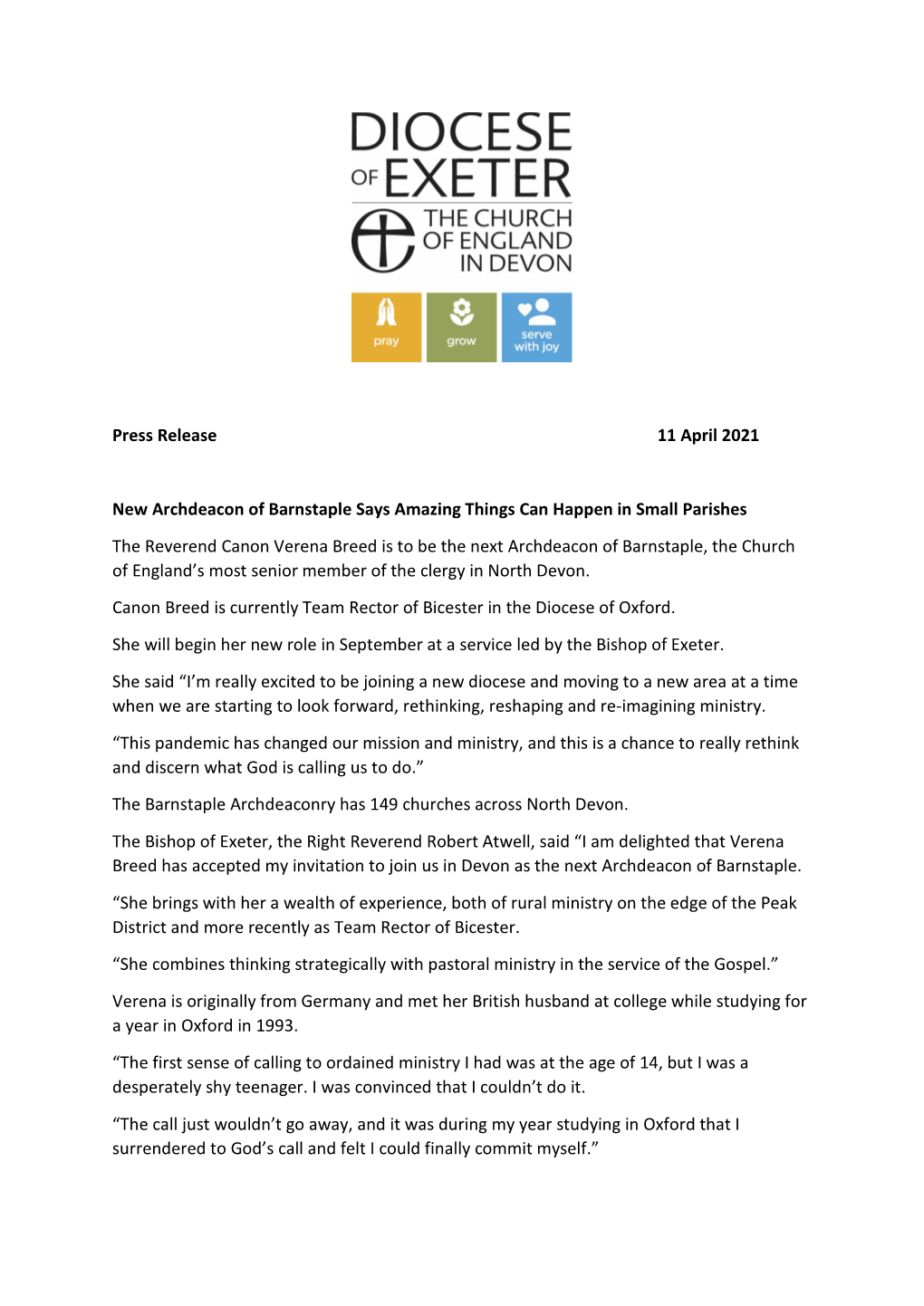 Press Release 11 April 2021 New Archdeacon of Barnstaple Says