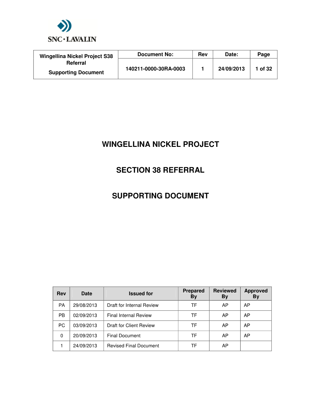 Wingellina Nickel Project S38 Document No: Rev Date: Page Referral 140211-0000-30RA-0003 1 24/09/2013 1 of 32 Supporting Document