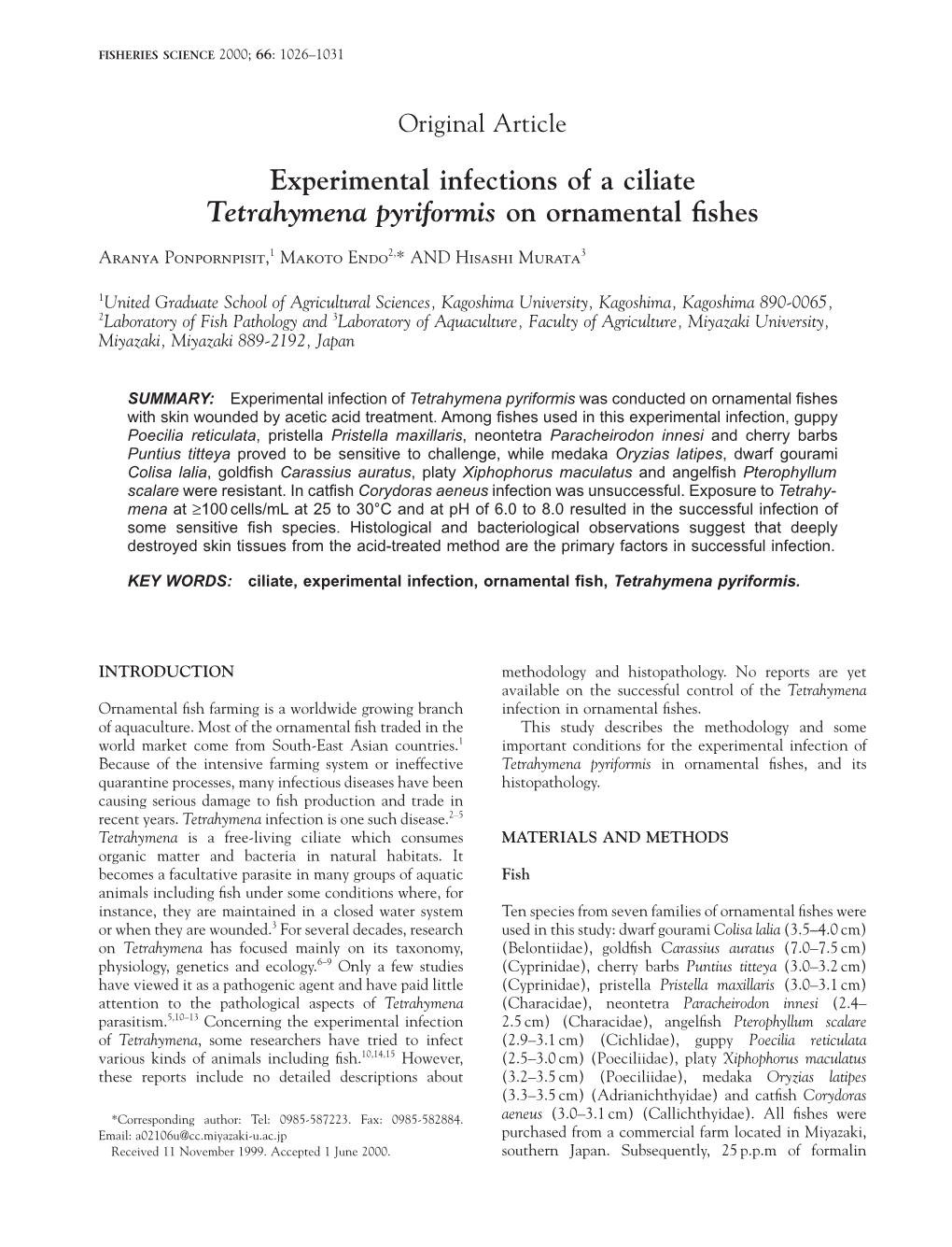 Experimental Infections of a Ciliate Tetrahymena Pyriformis on Ornamental Fishes