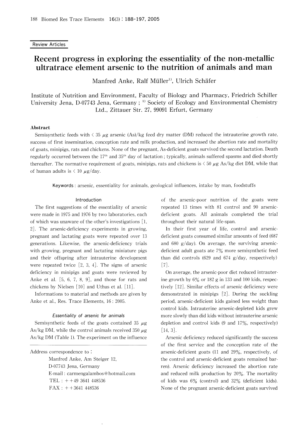 Ultratrace Element Arsenic to the Nutrition of Animals and Man