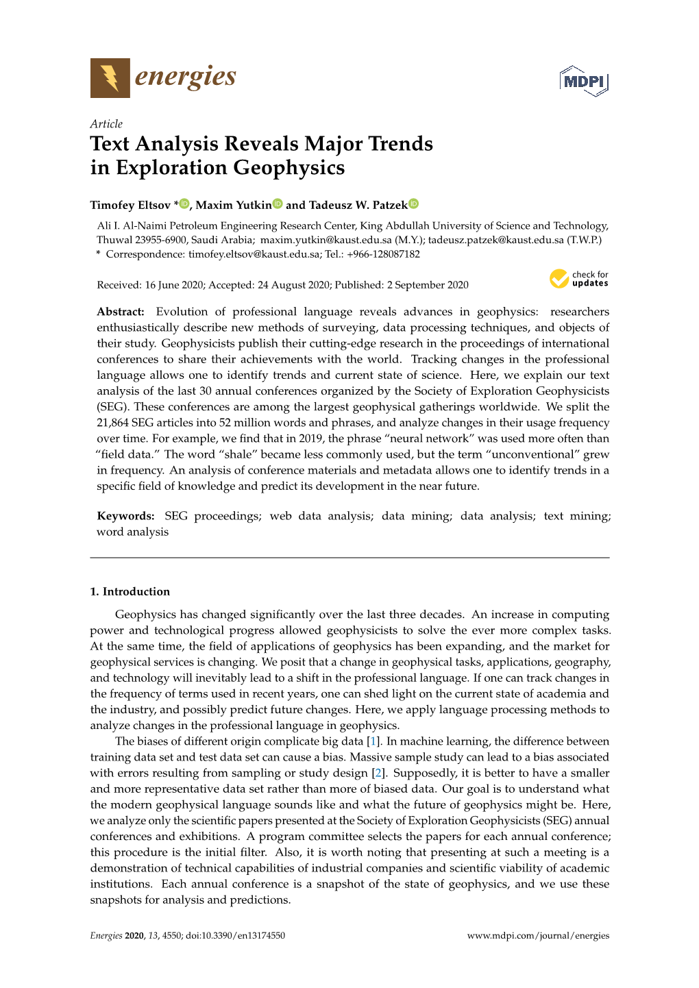 Text Analysis Reveals Major Trends in Exploration Geophysics