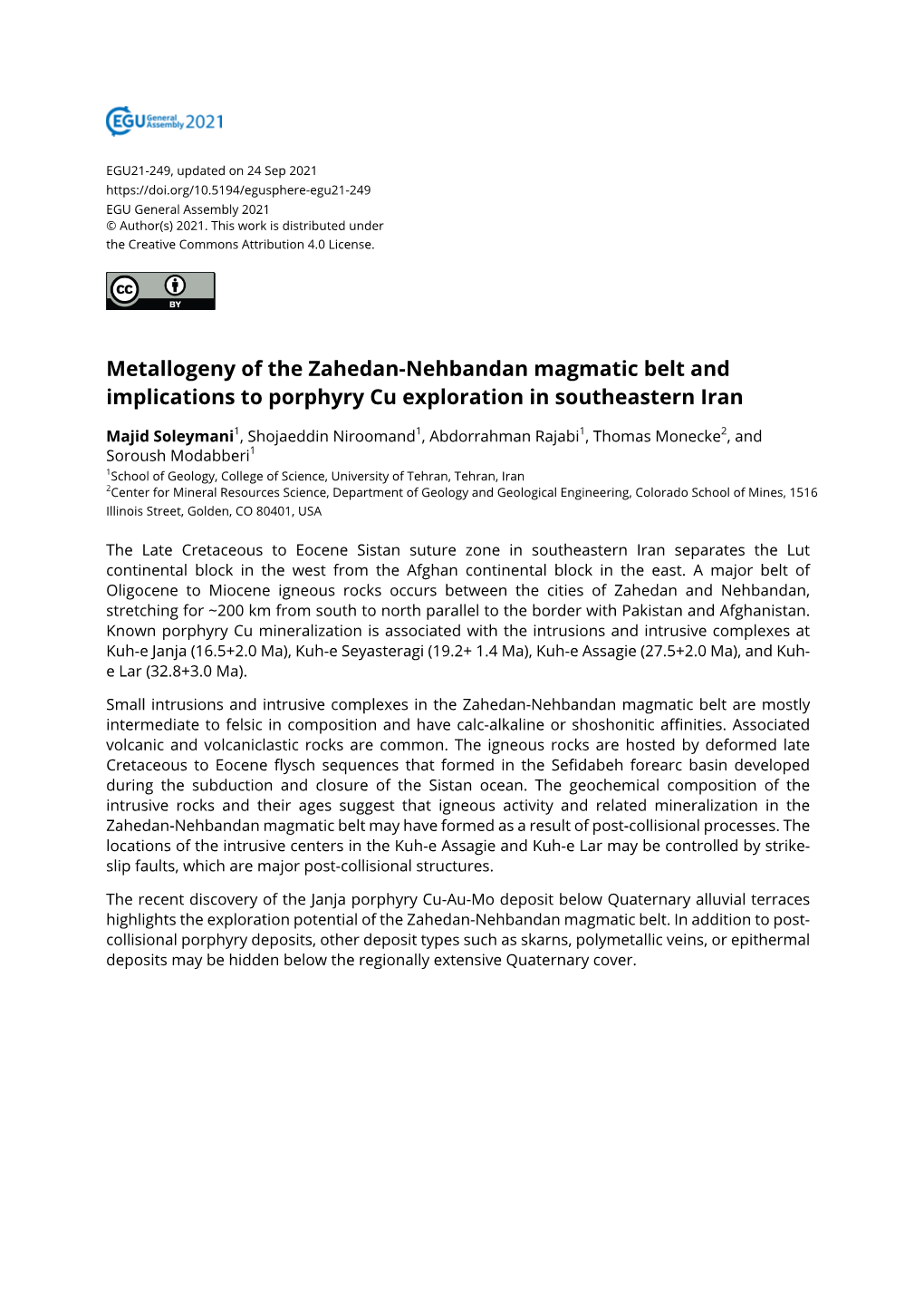 Metallogeny of the Zahedan-Nehbandan Magmatic Belt and Implications to Porphyry Cu Exploration in Southeastern Iran