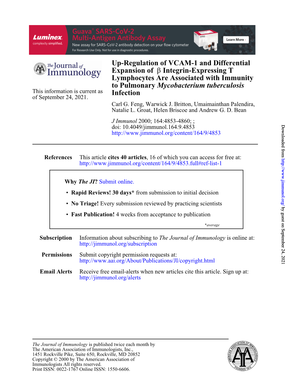 Infection Mycobacterium Tuberculosis to Pulmonary Lymphocytes Are Associated with Immunity Integrin-Expressing T Β Expansion Of