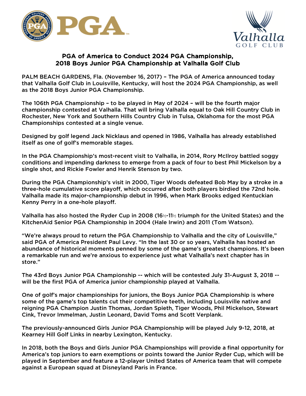 PGA of America to Conduct 2024 PGA Championship, 2018 Boys Junior PGA Championship at Valhalla Golf Club