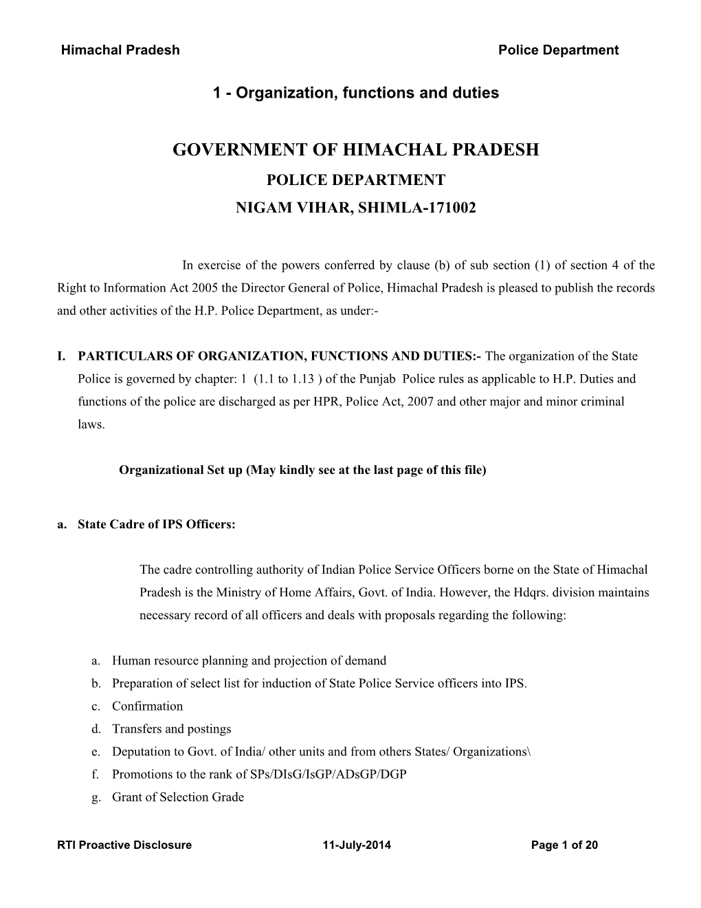 Government of Himachal Pradesh Police Department Nigam Vihar, Shimla-171002