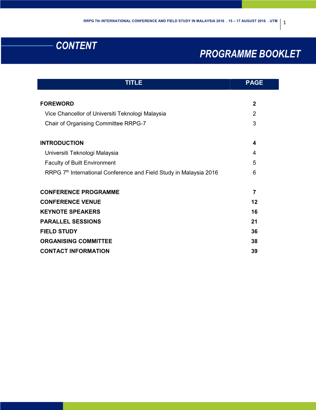 Contents Programme Booklet Content