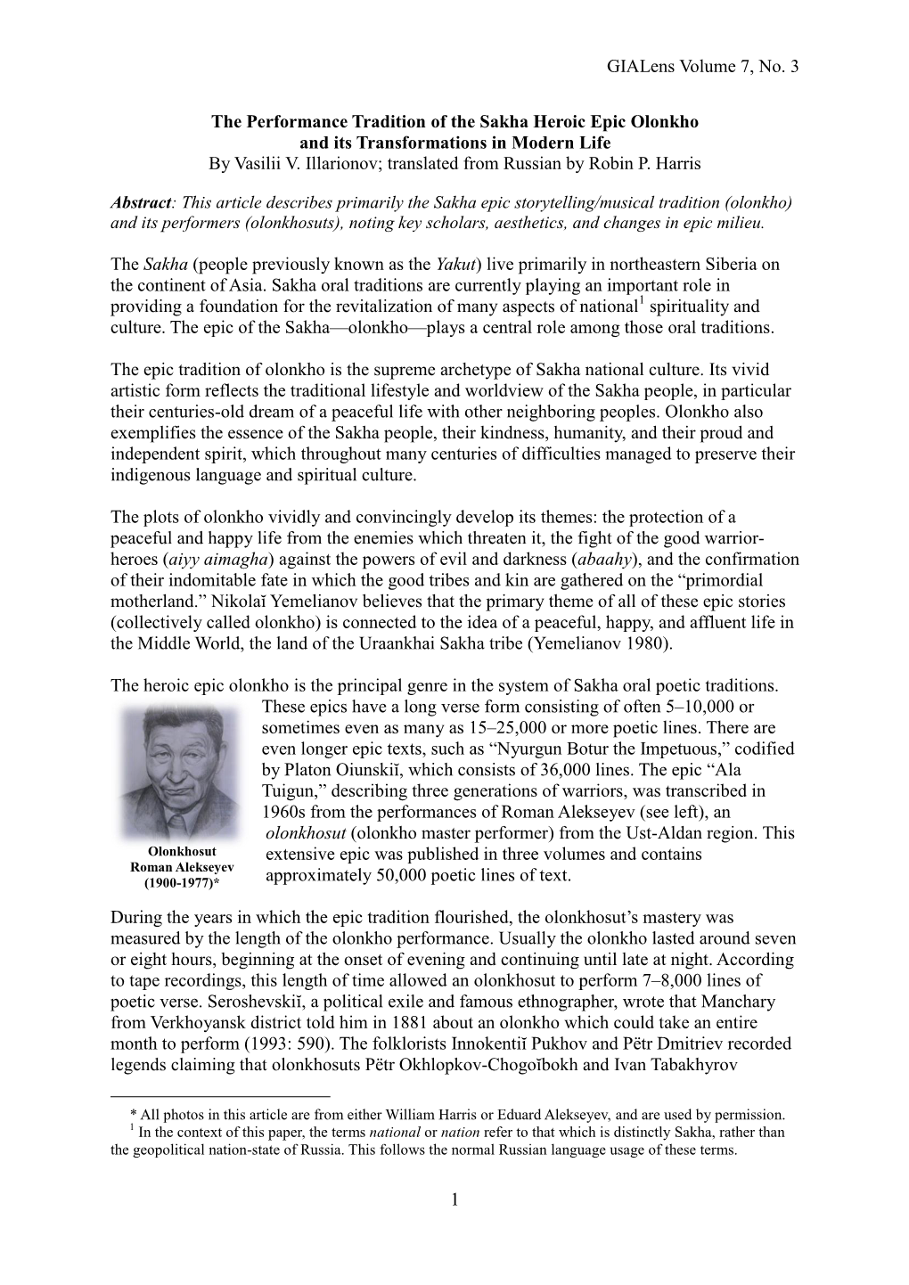 Gialens Volume 7, No. 3 1 the Performance Tradition of the Sakha