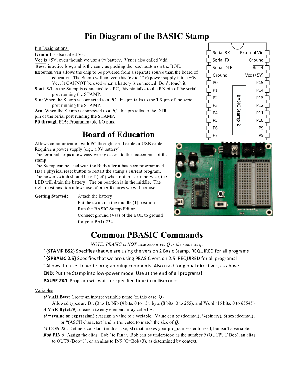 Pin Diagram of the BASIC Stamp Board of Education Common