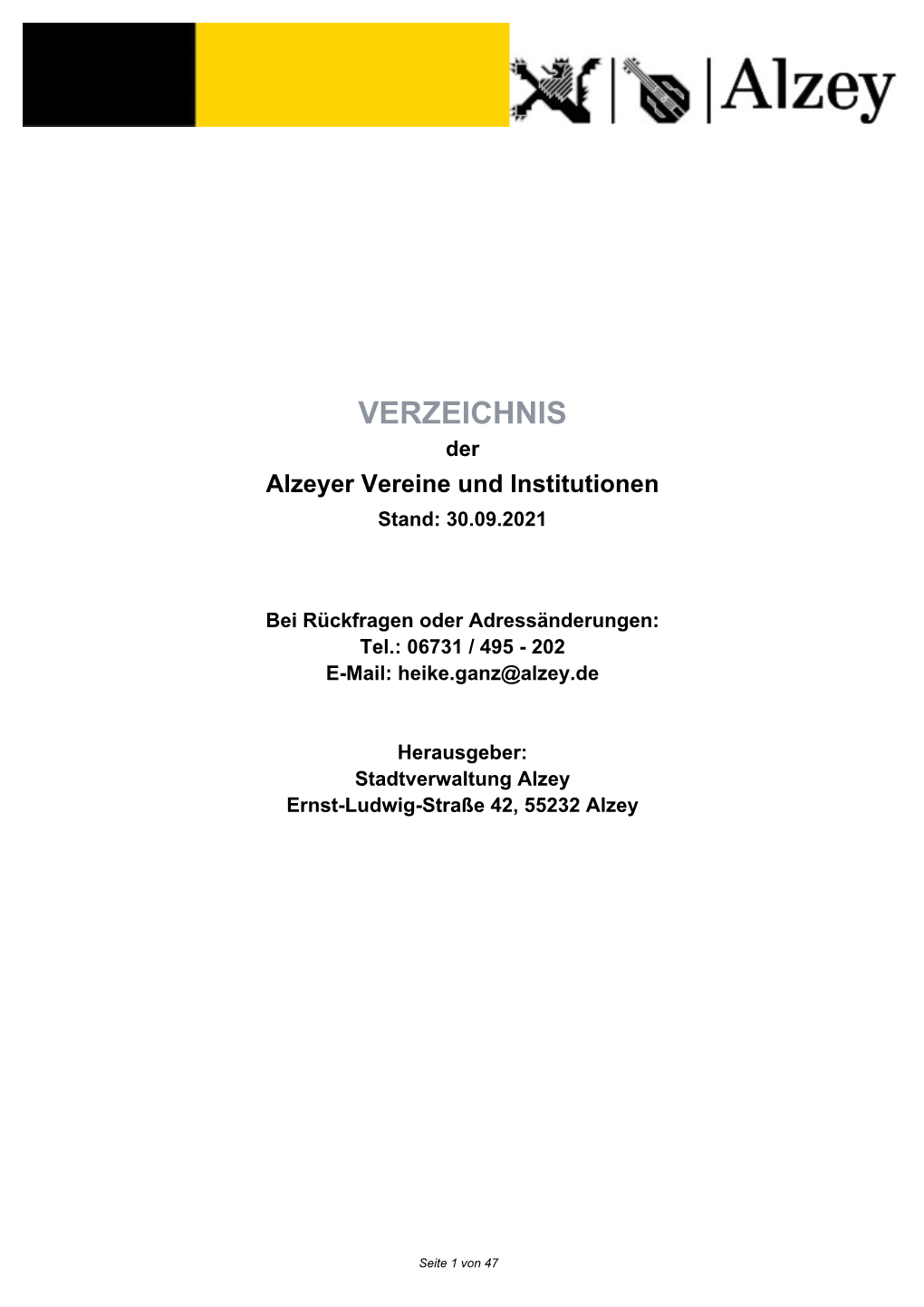 VERZEICHNIS Der Alzeyer Vereine Und Institutionen Stand: 30.09.2021