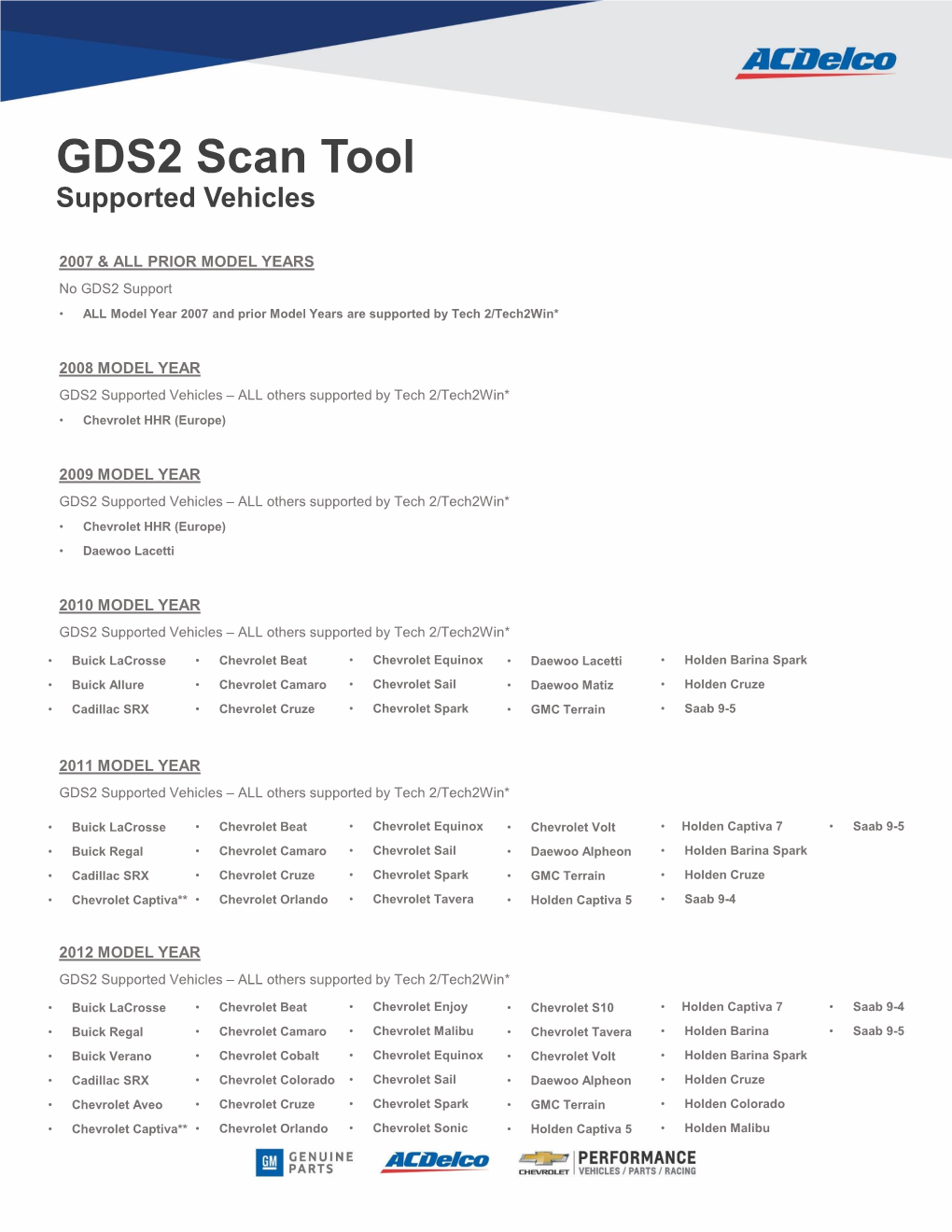 GDS2 Scan Tool Supported Vehicles