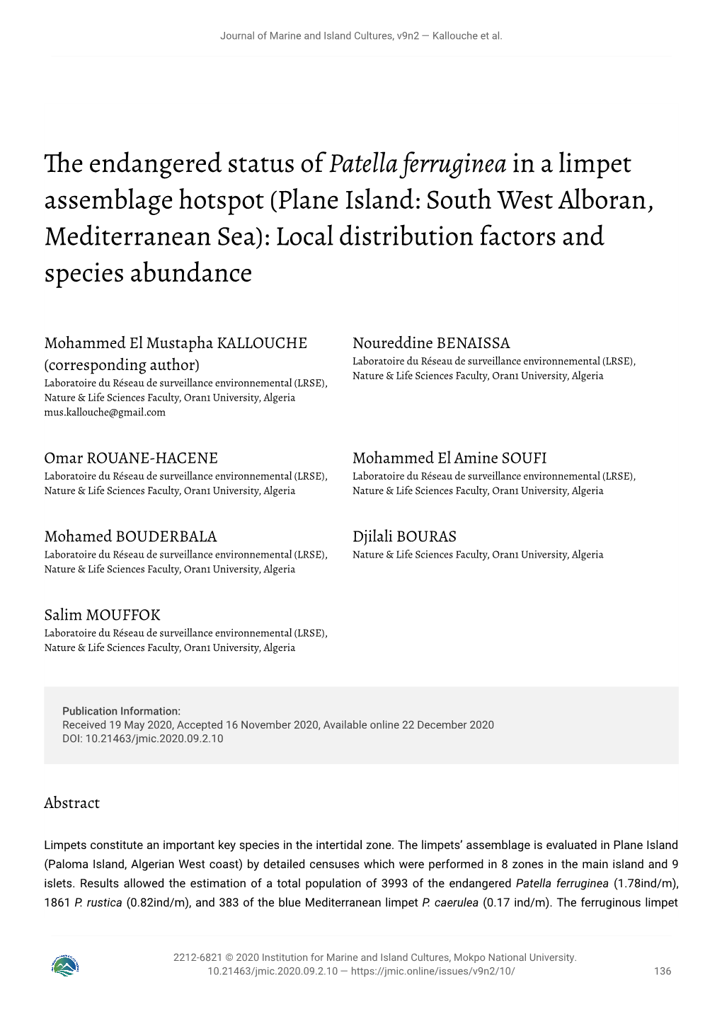 The Endangered Status of Patella Ferruginea in a Limpet Assemblage