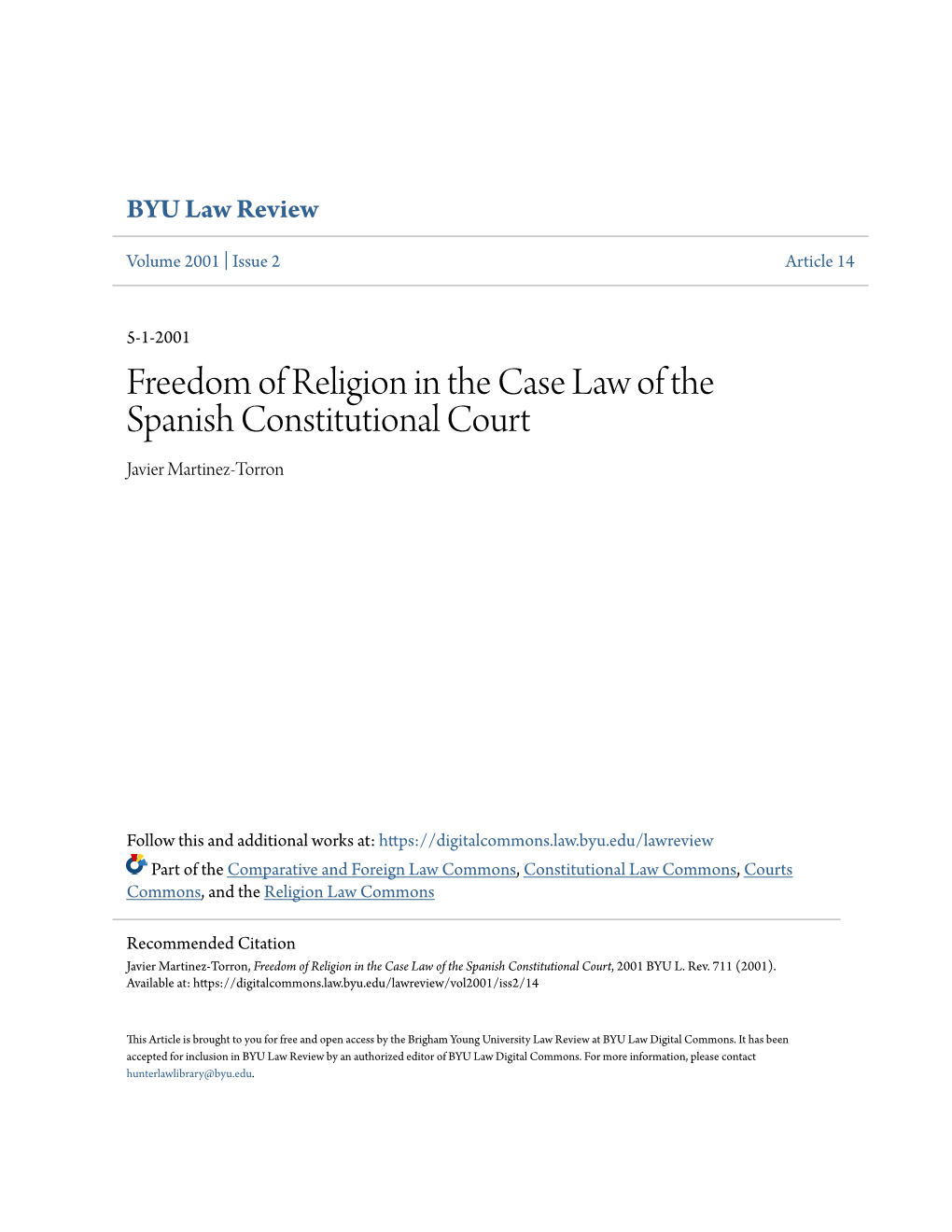 Freedom of Religion in the Case Law of the Spanish Constitutional Court Javier Martinez-Torron