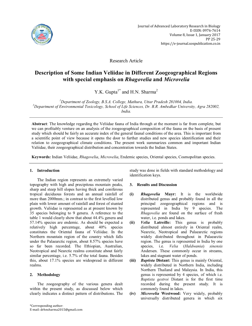 Description of Some Indian Veliidae in Different Zoogeographical Regions with Special Emphasis on Rhagovelia and Microvelia