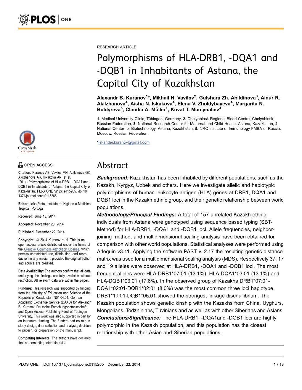 Polymorphisms of HLA-DRB1, -DQA1 and -DQB1 in Inhabitants of Astana, the Capital City of Kazakhstan