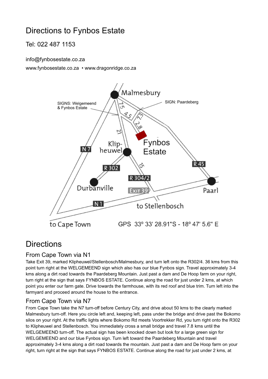 Directions to Fynbos Estate Directions