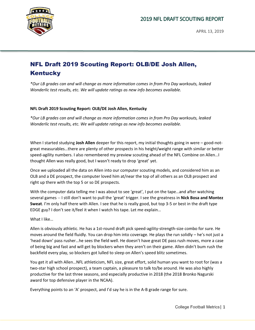 NFL Draft 2019 Scouting Report: OLB/DE Josh Allen, Kentucky