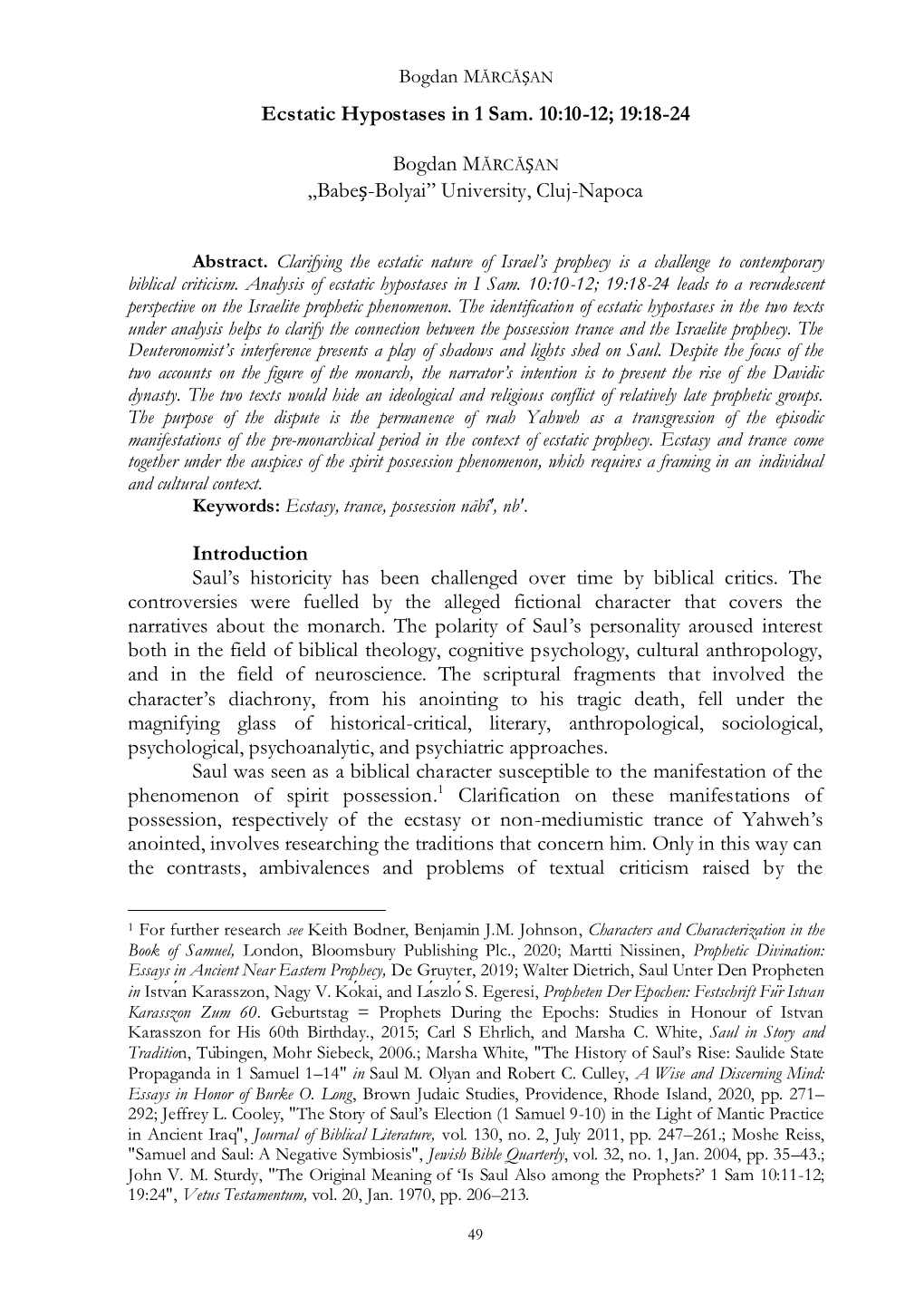 Ecstatic Hypostases in 1 Sam. 10:10-12; 19:18-24 „Babeș-Bolyai