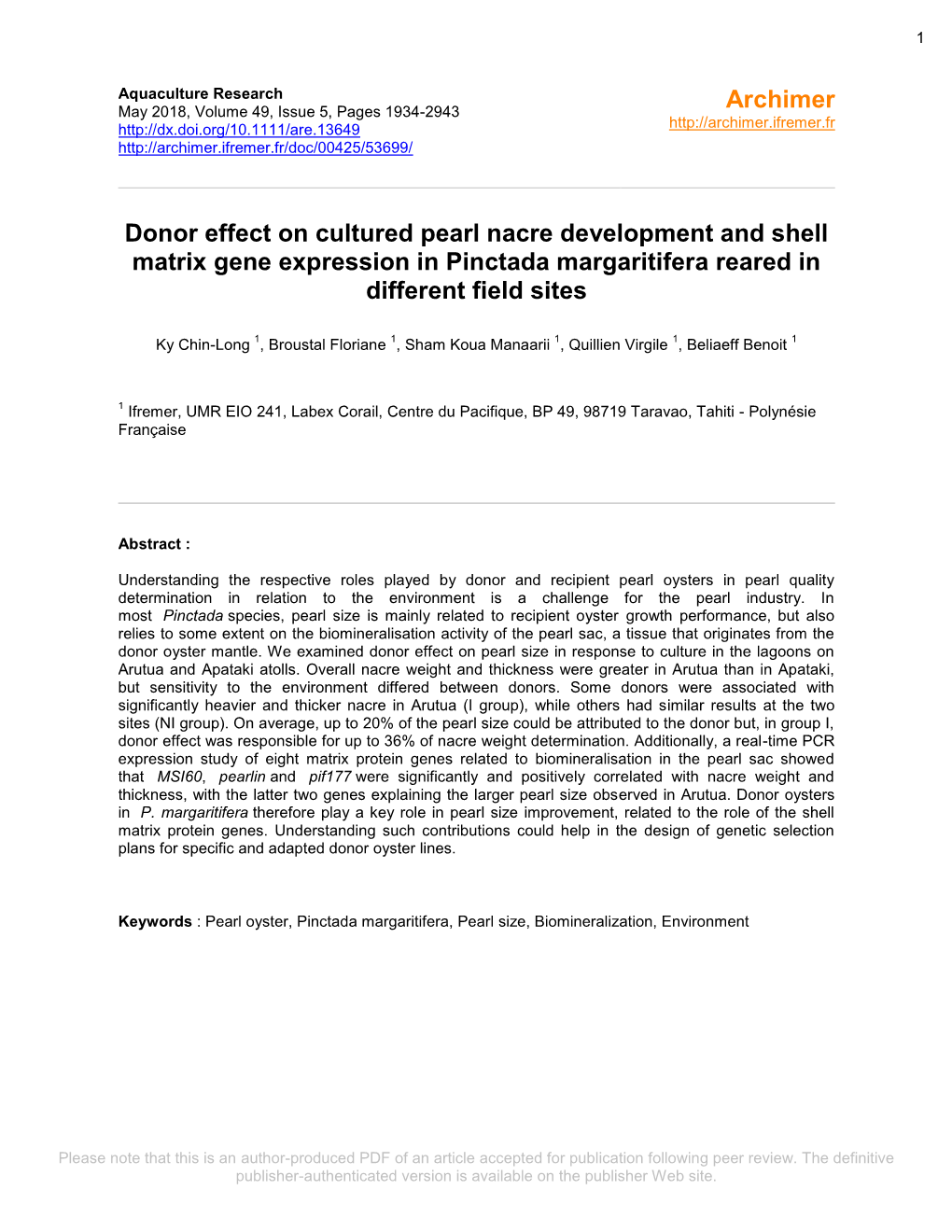 Donor Effect on Cultured Pearl Nacre Development and Shell Matrix Gene Expression in Pinctada Margaritifera Reared in Different Field Sites