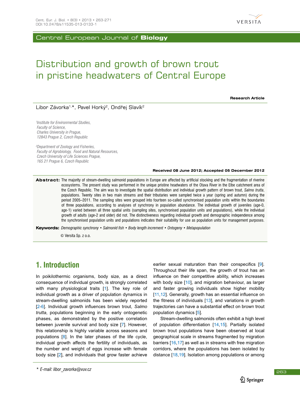 Distribution and Growth of Brown Trout in Pristine Headwaters of Central Europe