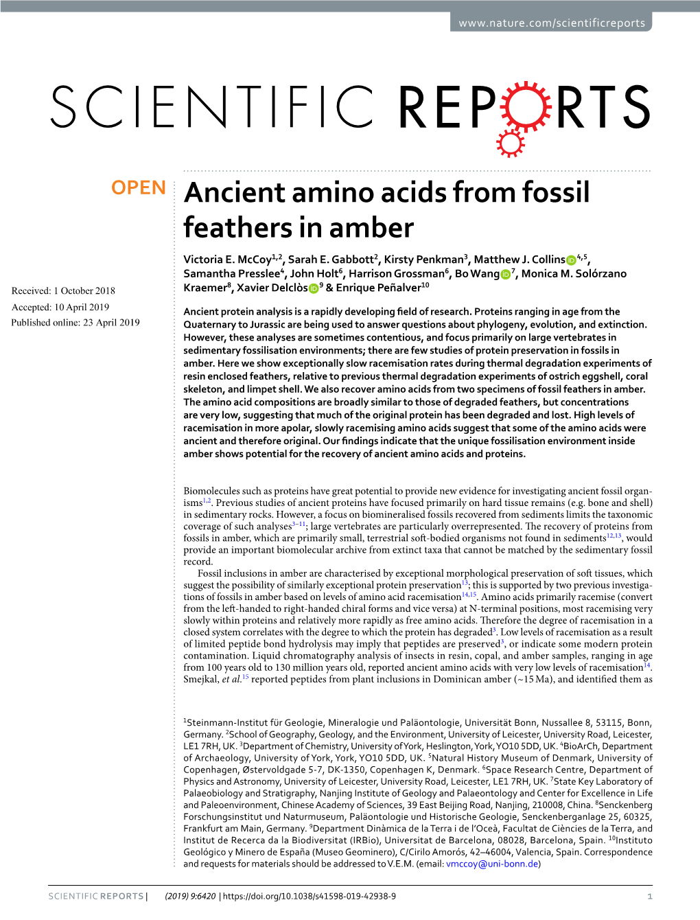 Ancient Amino Acids from Fossil Feathers in Amber Victoria E