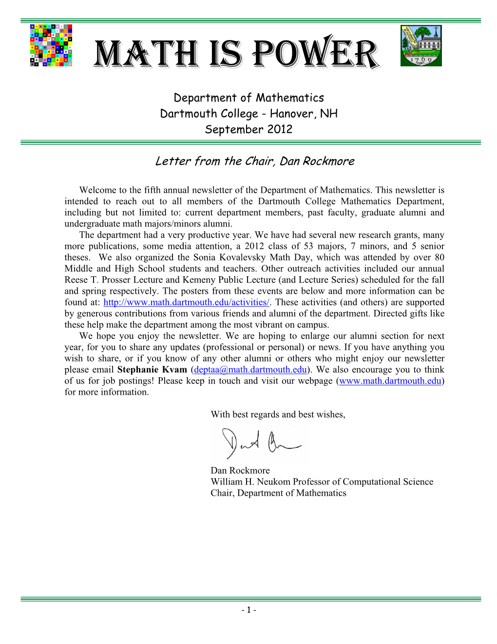 Newsletter of the Department of Mathematics