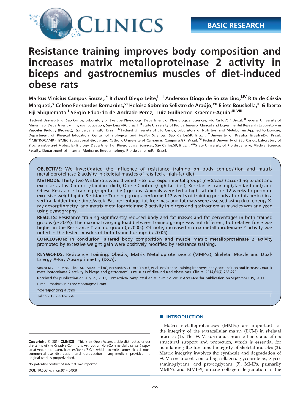 Resistance Training Improves Body Composition and Increases Matrix Metalloproteinase 2 Activity in Biceps and Gastrocnemius Muscles of Diet-Induced Obese Rats