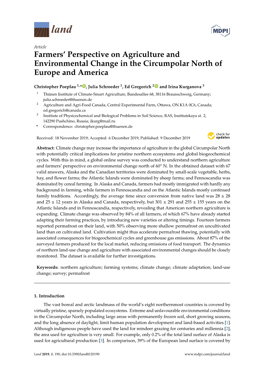 Farmers' Perspective on Agriculture and Environmental Change in the Circumpolar North of Europe and America