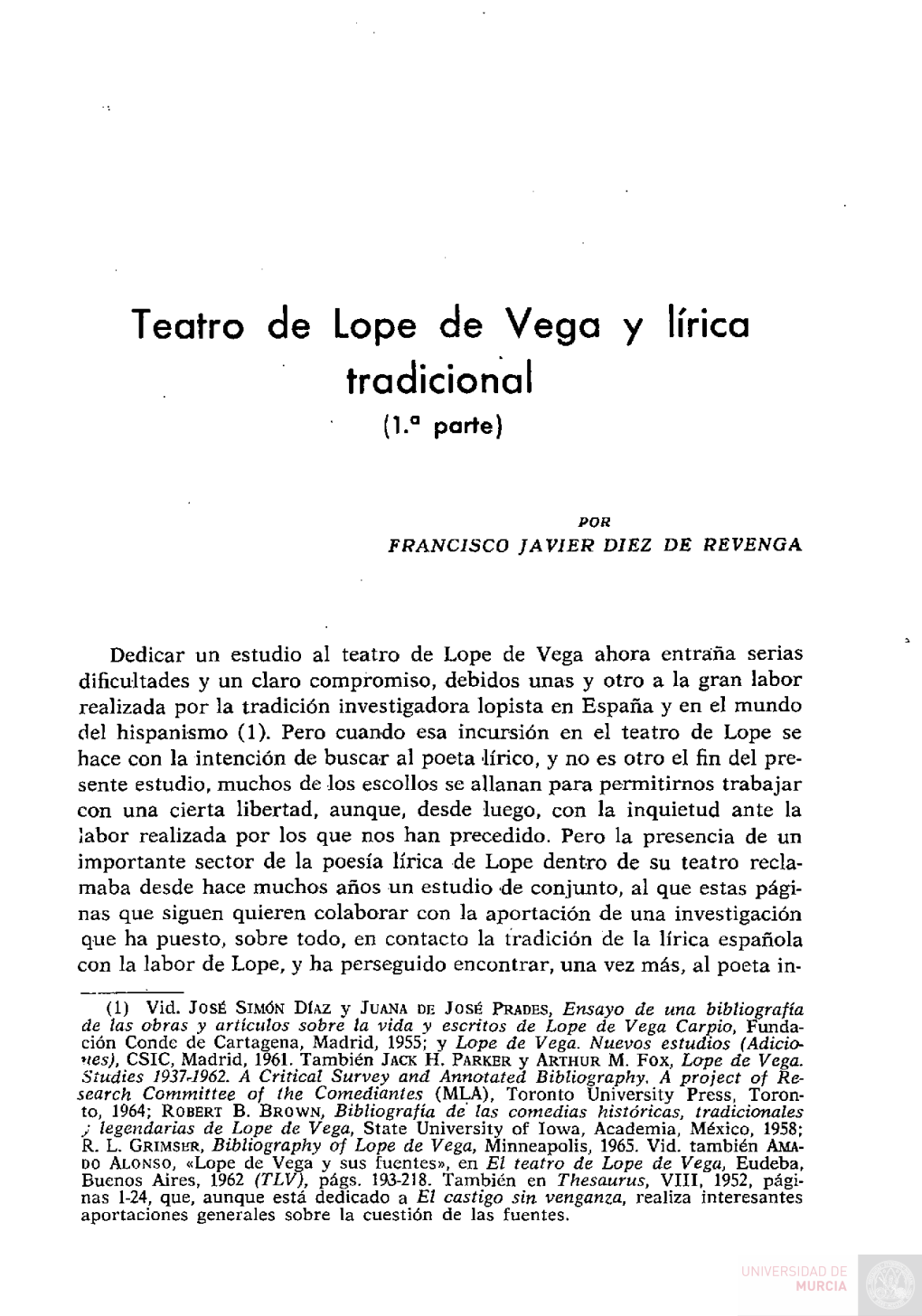 Teatro De Lope De Vega Y Lírica Tradicional (I.*" Parte)