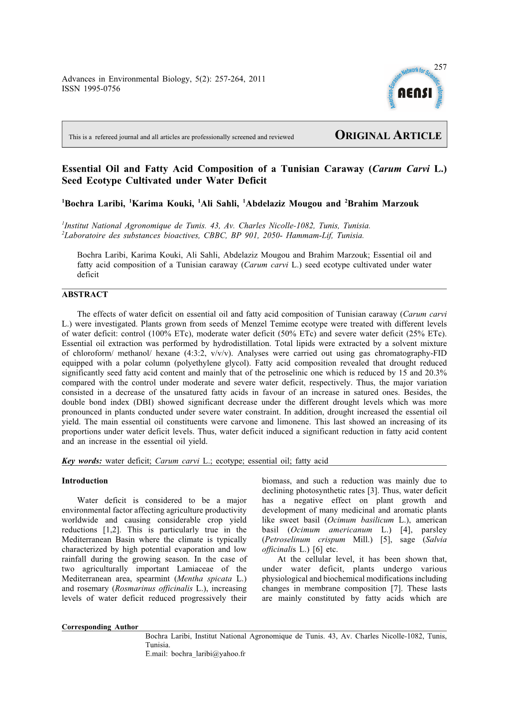 Carum Carvi L.) Seed Ecotype Cultivated Under Water Deficit