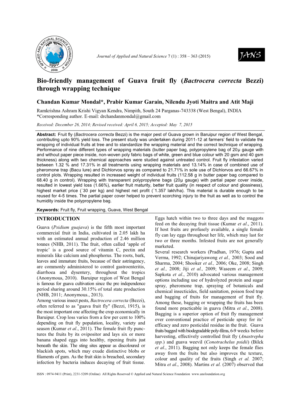 Bio-Friendly Management of Guava Fruit Fly (Bactrocera Correcta Bezzi) Through Wrapping Technique