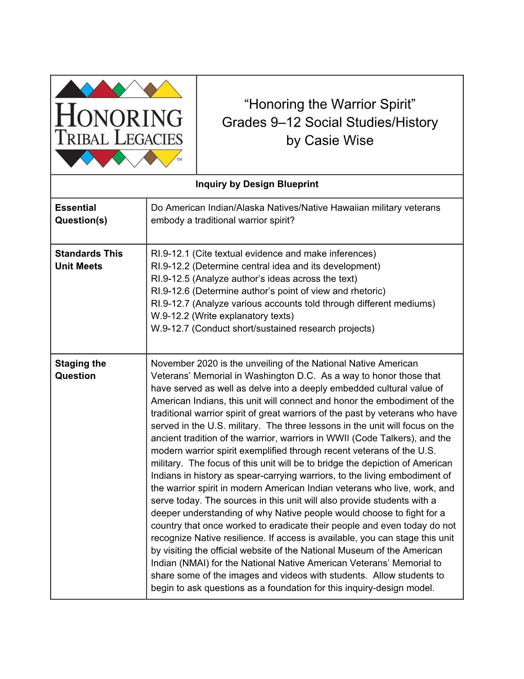 “Honoring the Warrior Spirit” Grades 9–12 Social Studies/History by Casie Wise