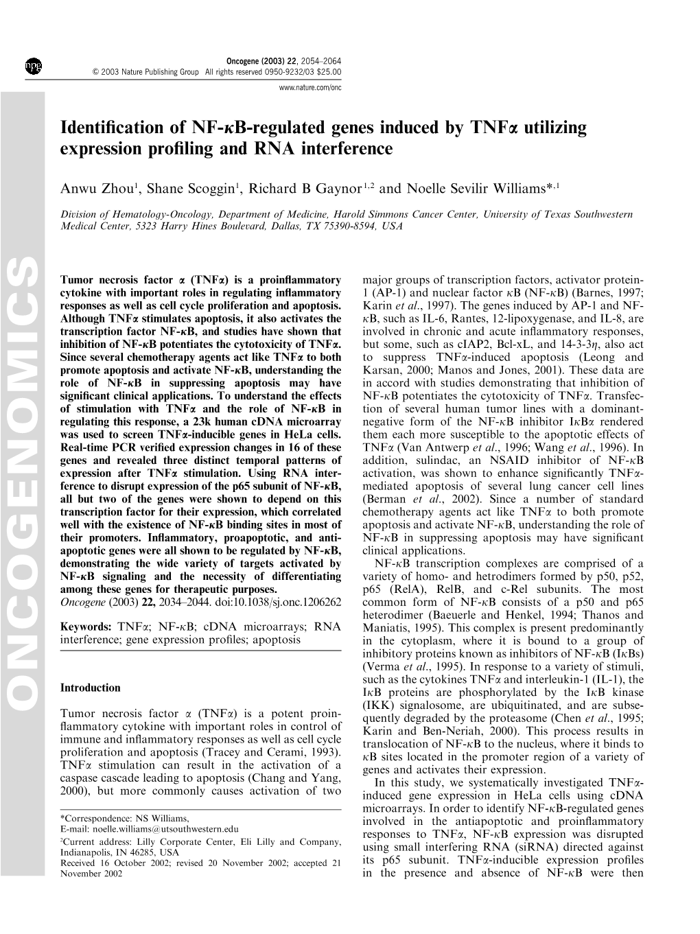 Identification of NF-Κ B-Regulated Genes Induced by TNF Α Utilizing