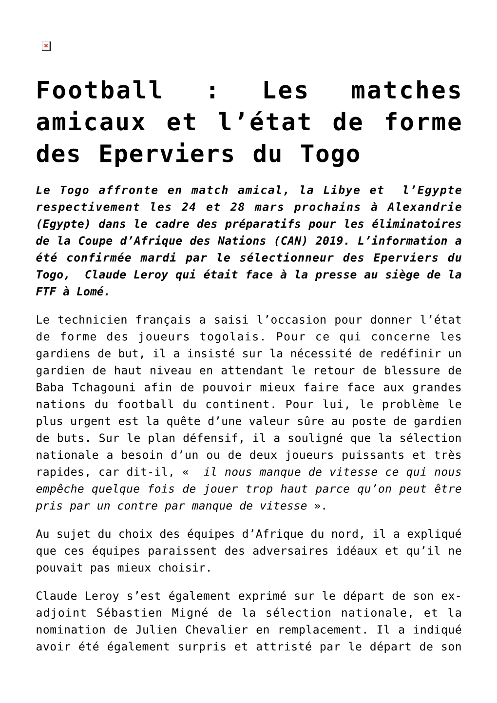 Football : Les Matches Amicaux Et L'état De Forme Des Eperviers Du Togo