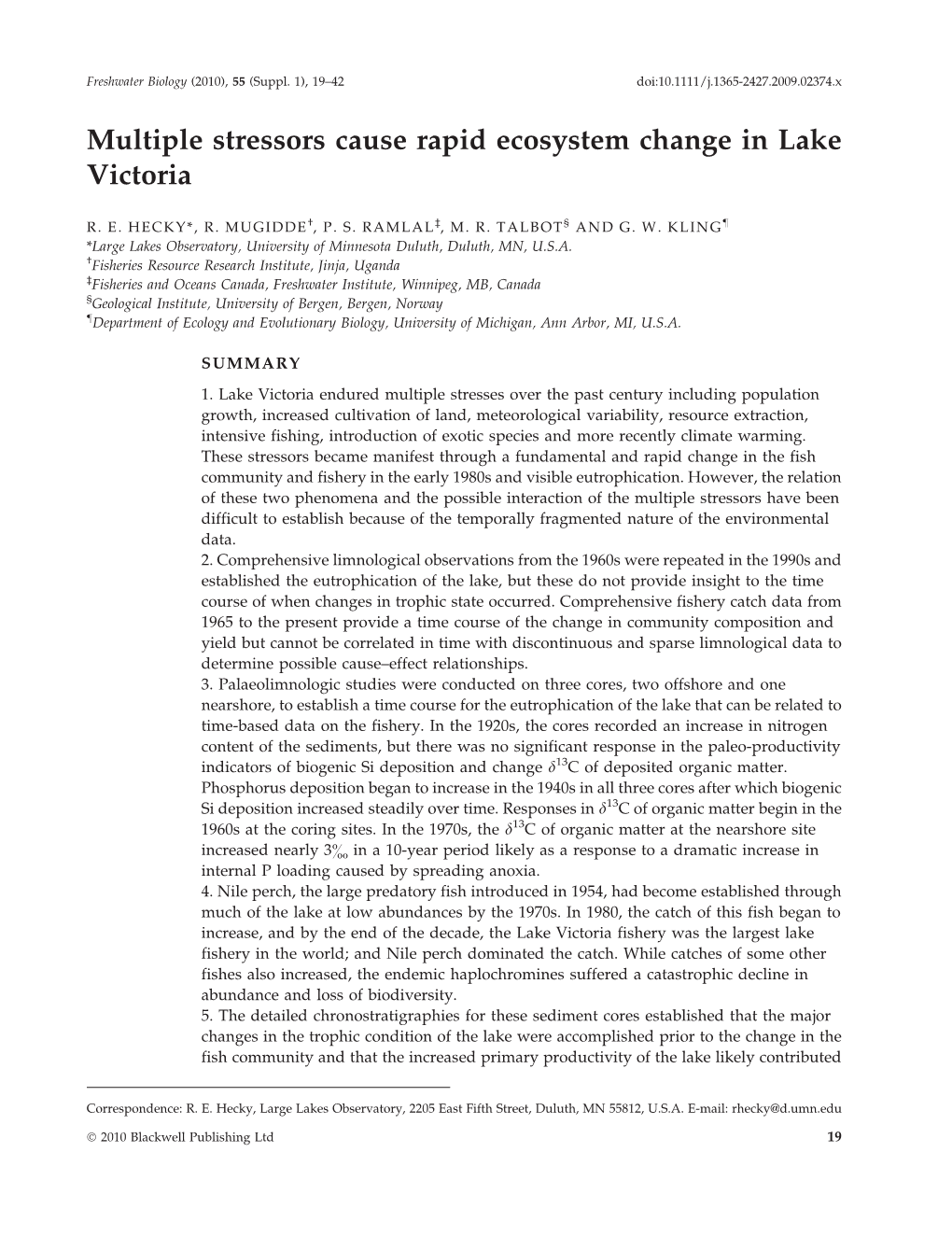 Multiple Stressors Cause Rapid Ecosystem Change in Lake Victoria