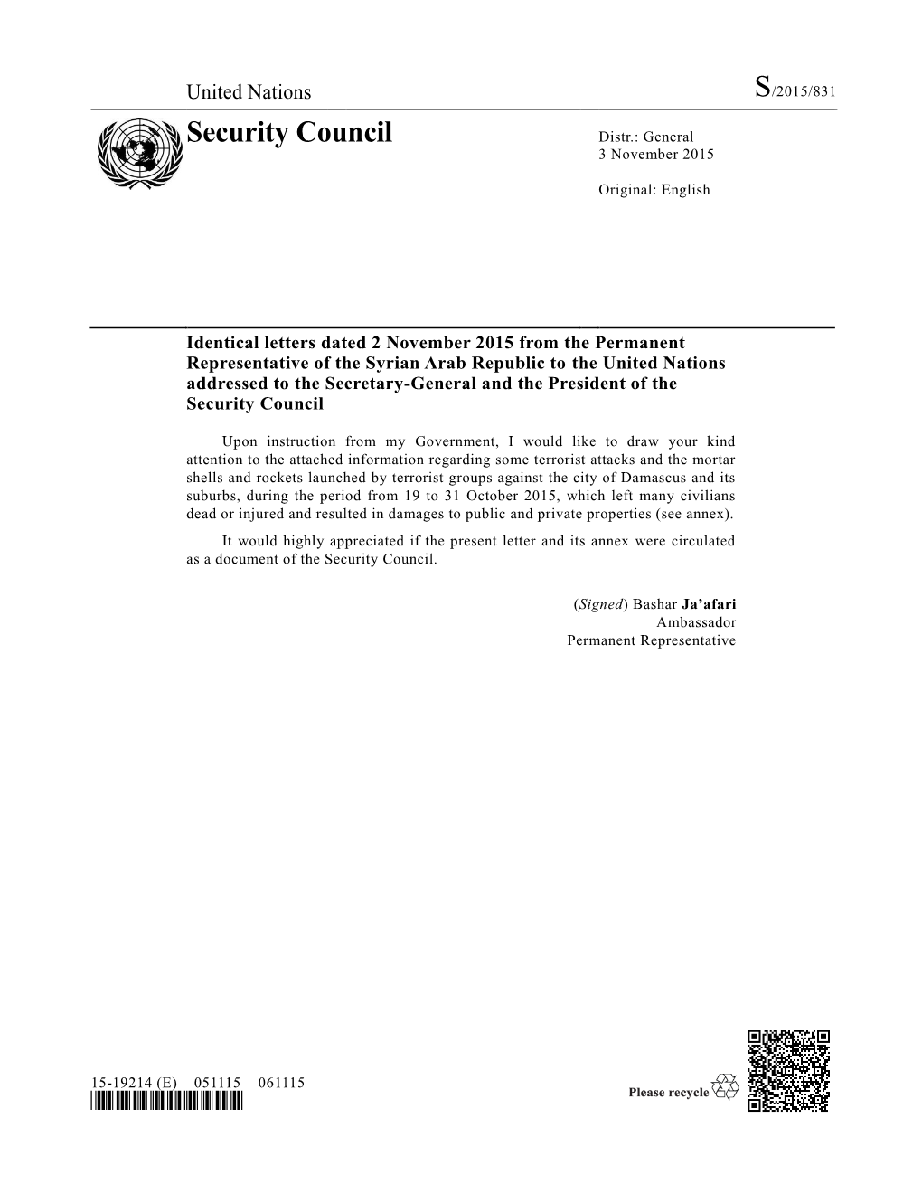 Security Council Distr.: General 3 November 2015