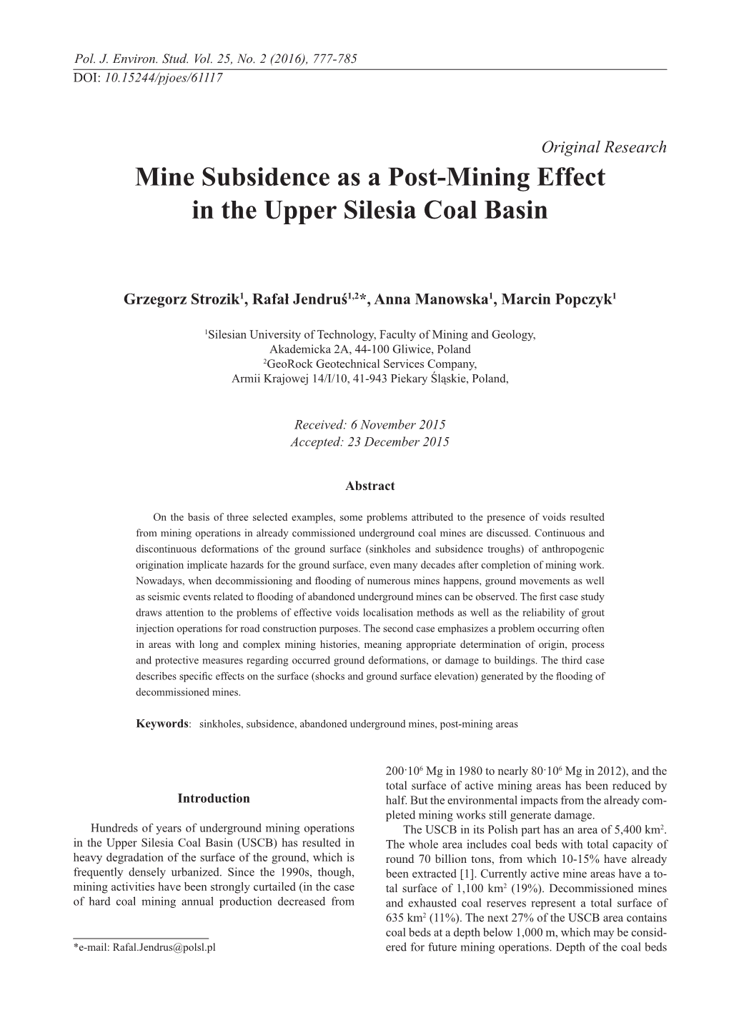 Mine Subsidence As a Post-Mining Effect in the Upper Silesia Coal Basin
