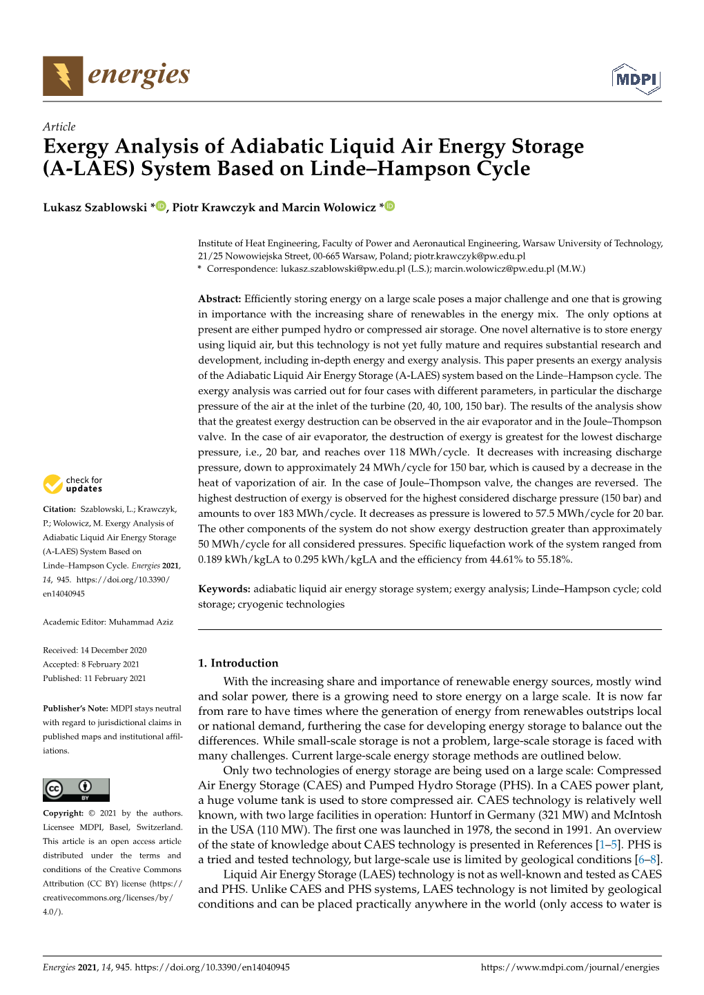 Exergy Analysis of Adiabatic Liquid Air Energy Storage (A-LAES) System Based on Linde–Hampson Cycle