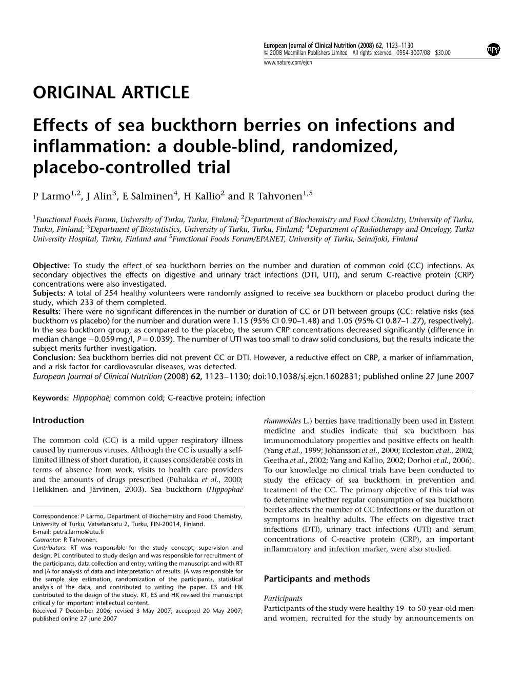 Effects of Sea Buckthorn Berries on Infections and Inflammation: a Double-Blind, Randomized, Placebo-Controlled Trial