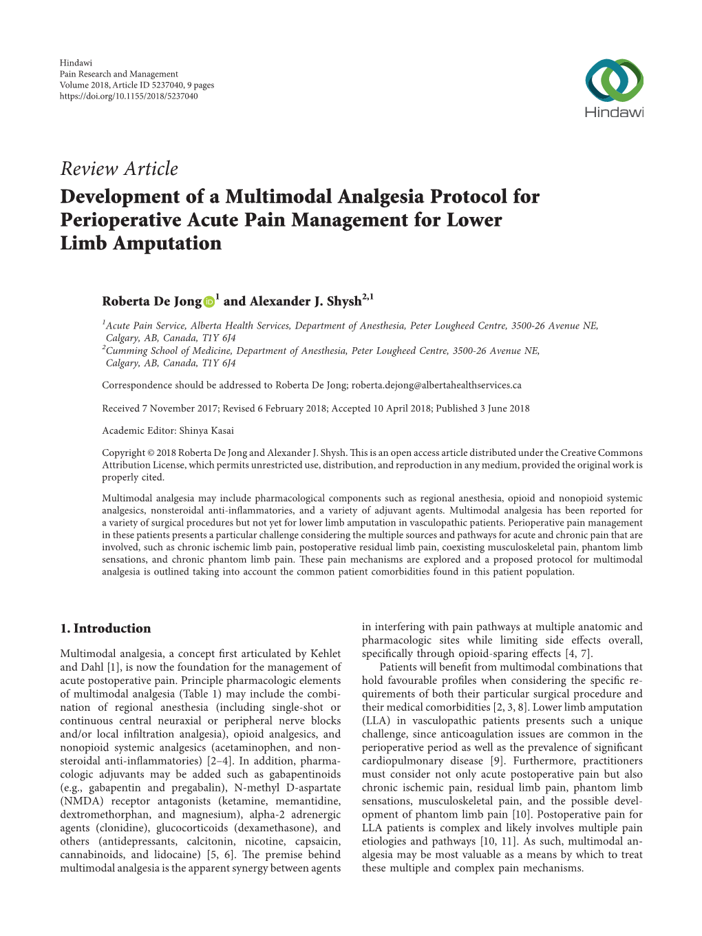 Review Article Development of a Multimodal Analgesia Protocol for Perioperative Acute Pain Management for Lower Limb Amputation