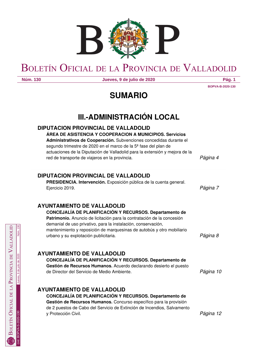 Sumario Boletín Oficial De La Provincia De Valladolid