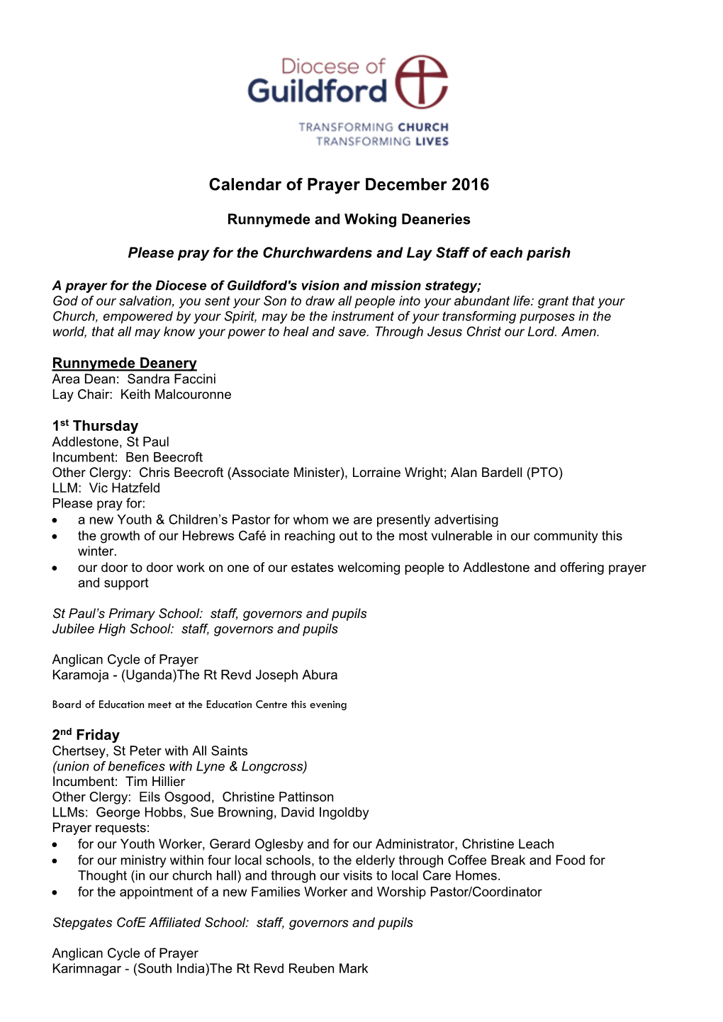 Calendar of Prayer December 2016