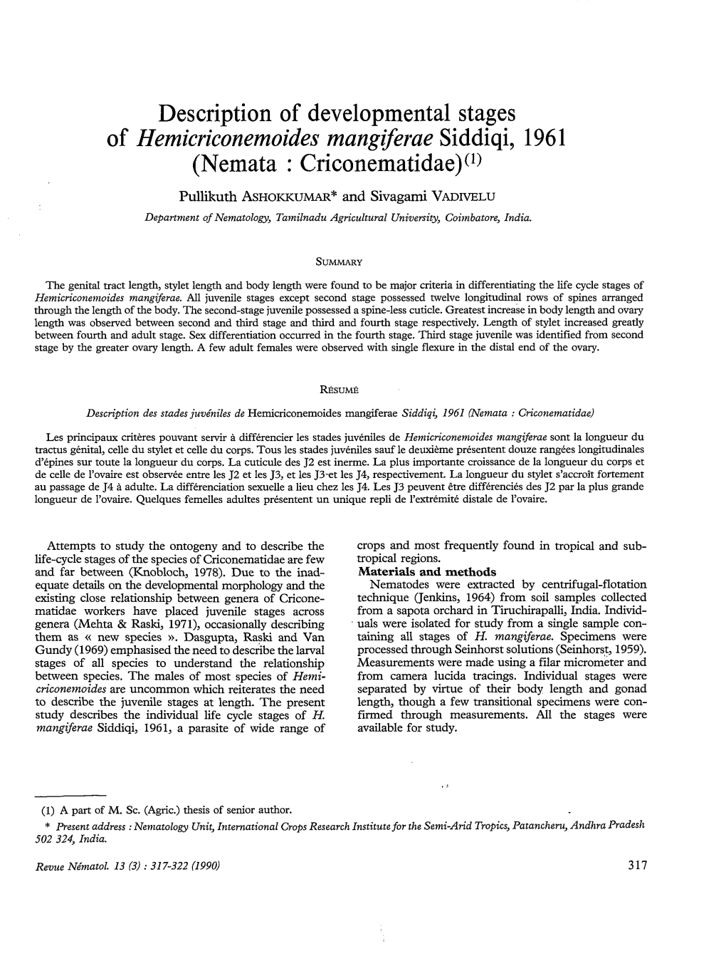 Of Hemicriconemoides Mangiferae Siddiqi, 196 1