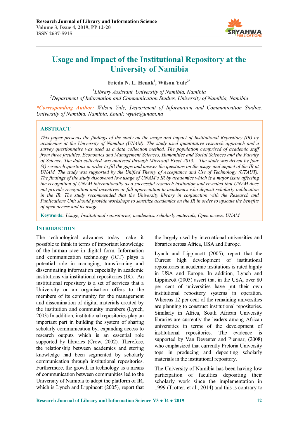 Usage and Impact of the Institutional Repository at the University of Namibia